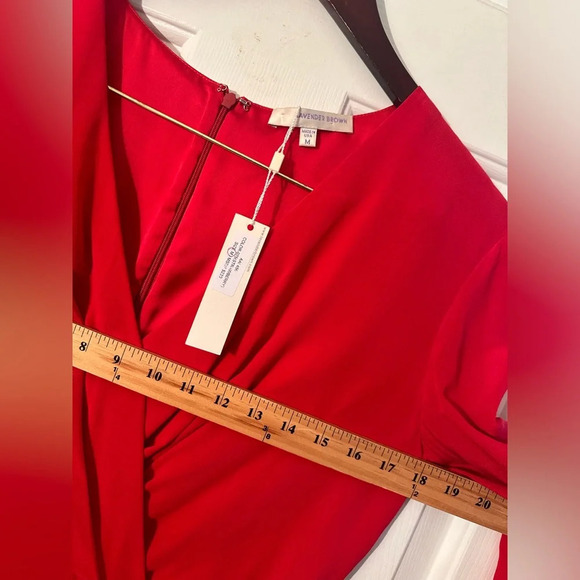 LAVENDER BROWN Med 100% Silk RED Faux Wrap Long Sleeve Midi Holiday Party Xmas - Picture 8 of 13